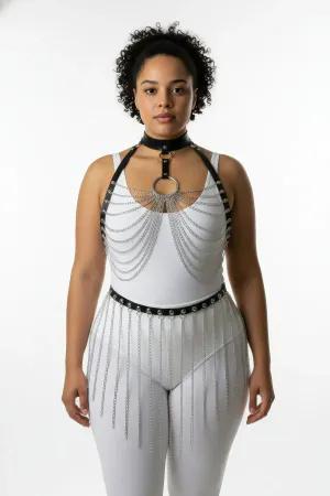 Black Faux Leather Body Harness with Silver Chains and Choker on Model