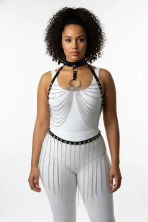 Black Faux Leather Body Harness with Silver Chains and Choker on Model
