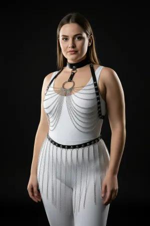 Black Faux Leather Body Harness with Silver Chains and Choker on Model