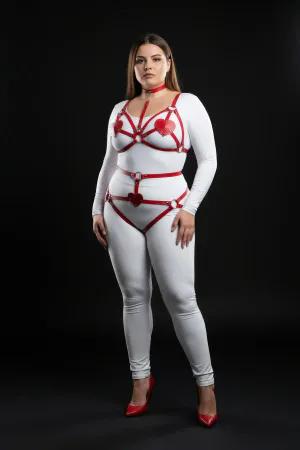 Red Faux Leather Body Harness with Heart Details and Thong Set for Women