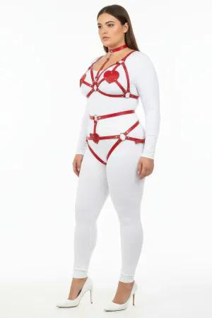 Red Faux Leather Body Harness with Heart Details and Thong Set for Women