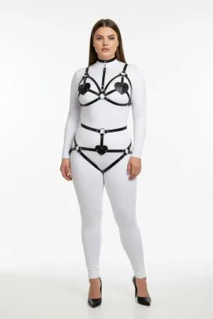Black Faux Leather Heart Detail Harness Bra and Garter Set Worn by Model