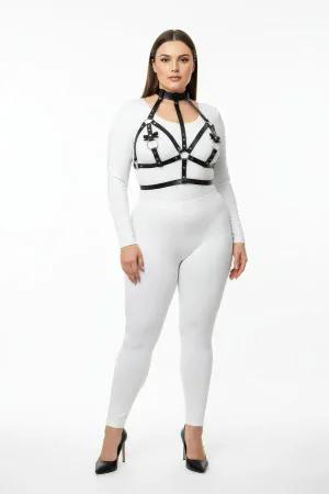 Black Faux Leather Body Harness with Choker and O-Ring Details