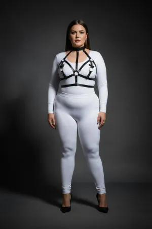 Black Faux Leather Body Harness with Choker and O-Ring Details