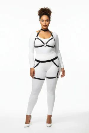 Black Faux Leather Caged Body Harness Set with Garter Thigh Straps