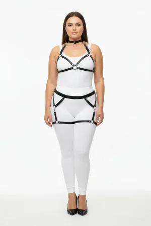 Black Faux Leather Caged Body Harness Set with Garter Thigh Straps