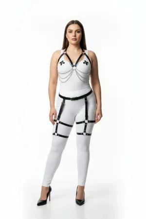 Black Vegan Leather Body Harness and Leg Garter Set with Silver Chains