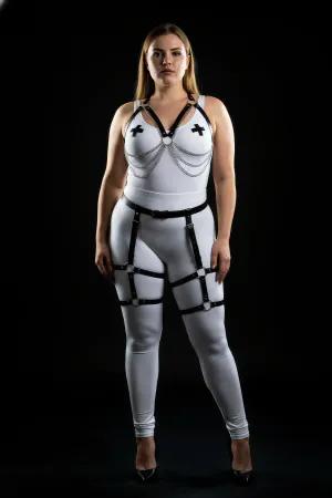 Black Vegan Leather Body Harness and Leg Garter Set with Silver Chains