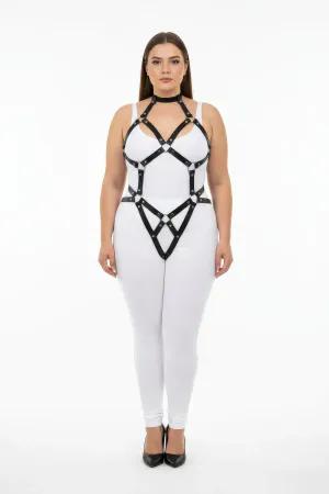 Black adjustable O-ring body harness with choker and intersecting straps