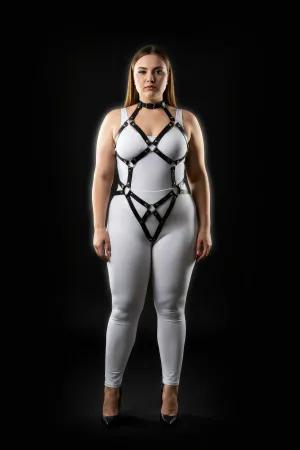 Black adjustable O-ring body harness with choker and intersecting straps