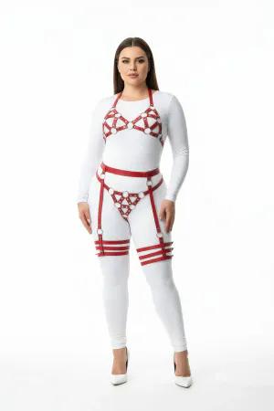 Red Vegan Leather O-Ring Harness Set Front View with Bra Waist and Thigh Garters