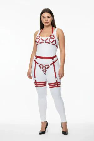 Red Vegan Leather O-Ring Harness Set Front View with Bra Waist and Thigh Garters