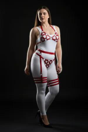 Red Vegan Leather O-Ring Harness Set Front View with Bra Waist and Thigh Garters