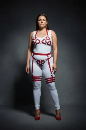 Red Vegan Leather O-Ring Harness Set Front View with Bra Waist and Thigh Garters