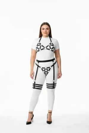 Black Vegan Leather Geometric O-Ring Harness Set with Detachable Thigh Garters