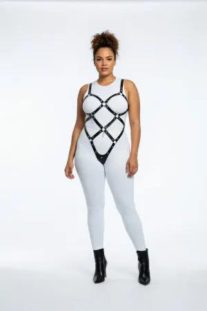 Black Faux Leather Full Body Harness Women Crisscross Straps Detachable Chain