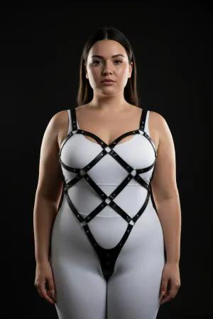 Black Faux Leather Full Body Harness Women Crisscross Straps Detachable Chain