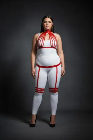 Red Faux Leather Multistrap Harness Set with Garters Plus Size