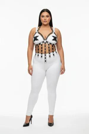 White and black faux leather strappy chest harness with silver O-ring details