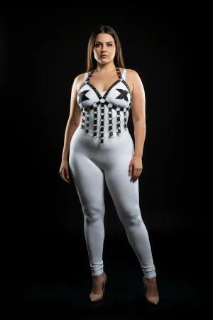 White and black faux leather strappy chest harness with silver O-ring details