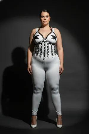 White and black faux leather strappy chest harness with silver O-ring details