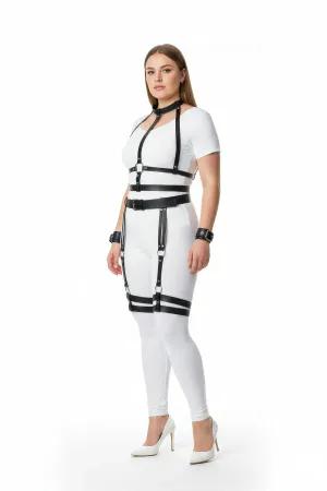 Black Faux Leather Full Body Harness Set with Thigh Garters and Wrist Cuffs
