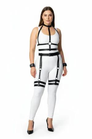 Black Faux Leather Full Body Harness Set with Thigh Garters and Wrist Cuffs