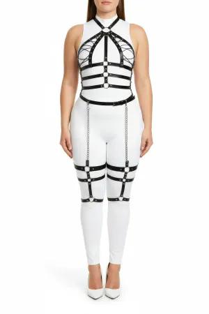 Black Faux Leather Full Body Harness Plus Size with Caged Chest and Thigh Chains
