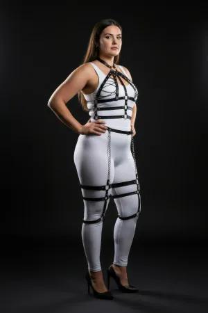 Black Faux Leather Full Body Harness Plus Size with Caged Chest and Thigh Chains
