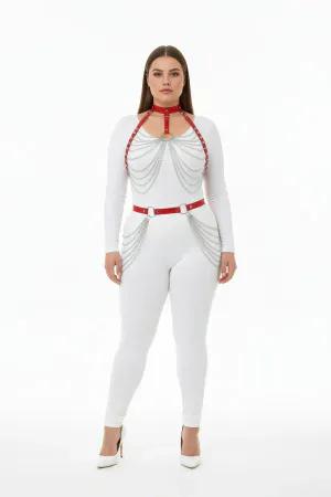 Red Faux Leather Body Harness Draped Chains Plus Size Model