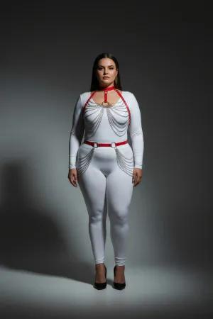 Red Faux Leather Body Harness Draped Chains Plus Size Model