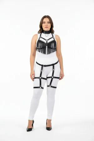 Black Fringed Faux Leather Harness Set with Garter Straps Front View