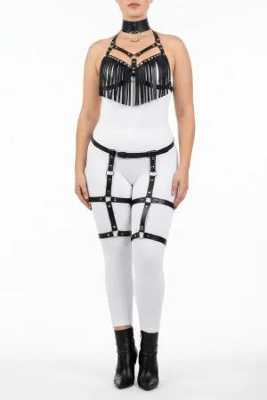 Black Fringed Faux Leather Harness Set with Garter Straps Front View