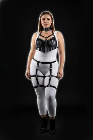 Black Fringed Faux Leather Harness Set with Garter Straps Front View
