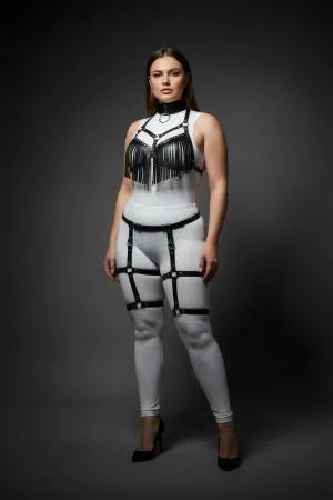 Black Fringed Faux Leather Harness Set with Garter Straps Front View