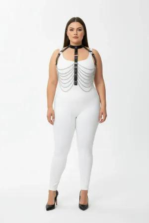 Black faux leather body harness with collar and draped silver chains