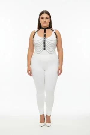 Black faux leather body harness with collar and draped silver chains