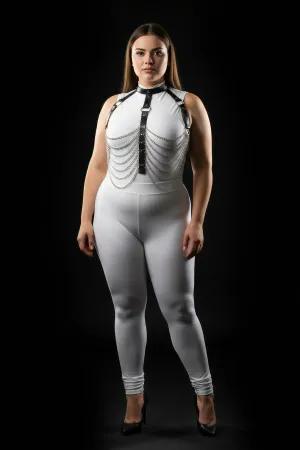 Black faux leather body harness with collar and draped silver chains