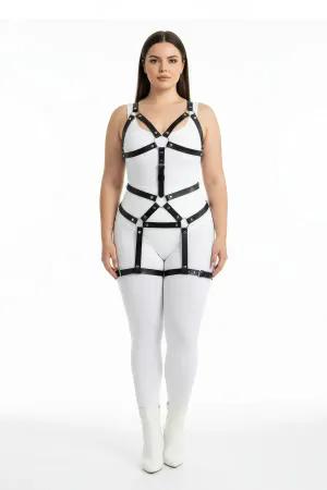 Black faux leather plus size body harness with O-ring detail and adjustable straps