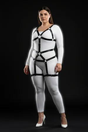 Black faux leather plus size body harness with O-ring detail and adjustable straps