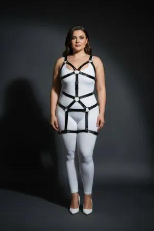 Black faux leather plus size body harness with O-ring detail and adjustable straps