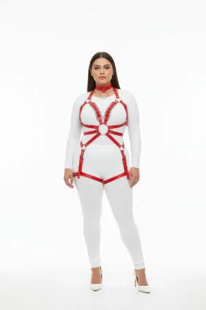 Red faux leather full body harness with O-ring and adjustable straps