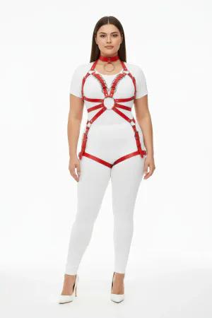 Red faux leather full body harness with O-ring and adjustable straps