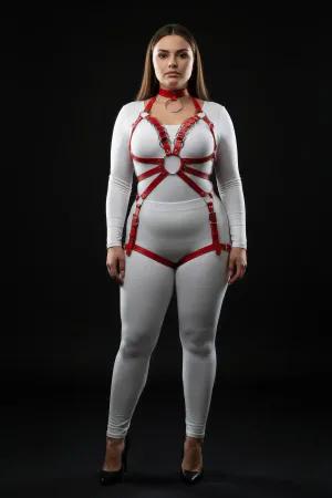 Red faux leather full body harness with O-ring and adjustable straps
