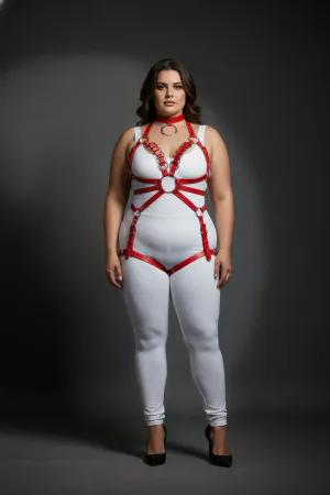 Red faux leather full body harness with O-ring and adjustable straps