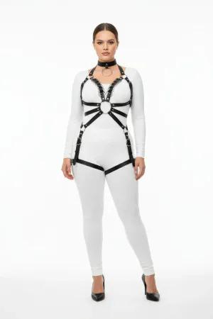Black faux leather full body harness with O-ring and choker