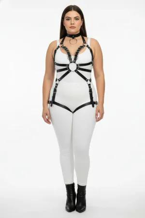 Black faux leather full body harness with O-ring and choker