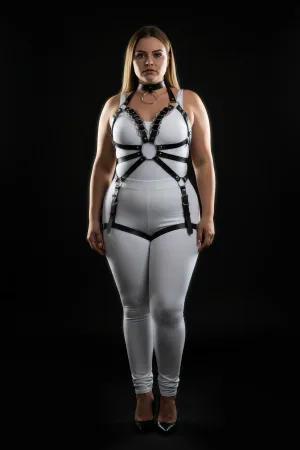 Black faux leather full body harness with O-ring and choker