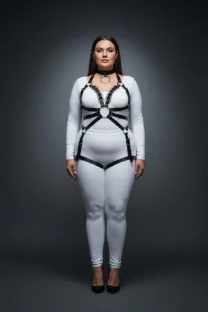Black faux leather full body harness with O-ring and choker