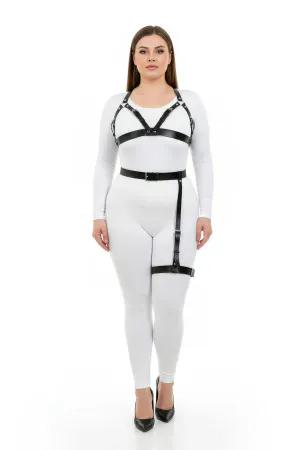 Black Faux Leather Harness Bra and Thigh Garter Set, Plus Size Model